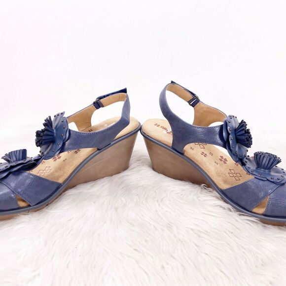 Naturalizer 9 N Womens Blue Leather Explorer Floral Detail Wedged Sandals - Picture 8 of 11